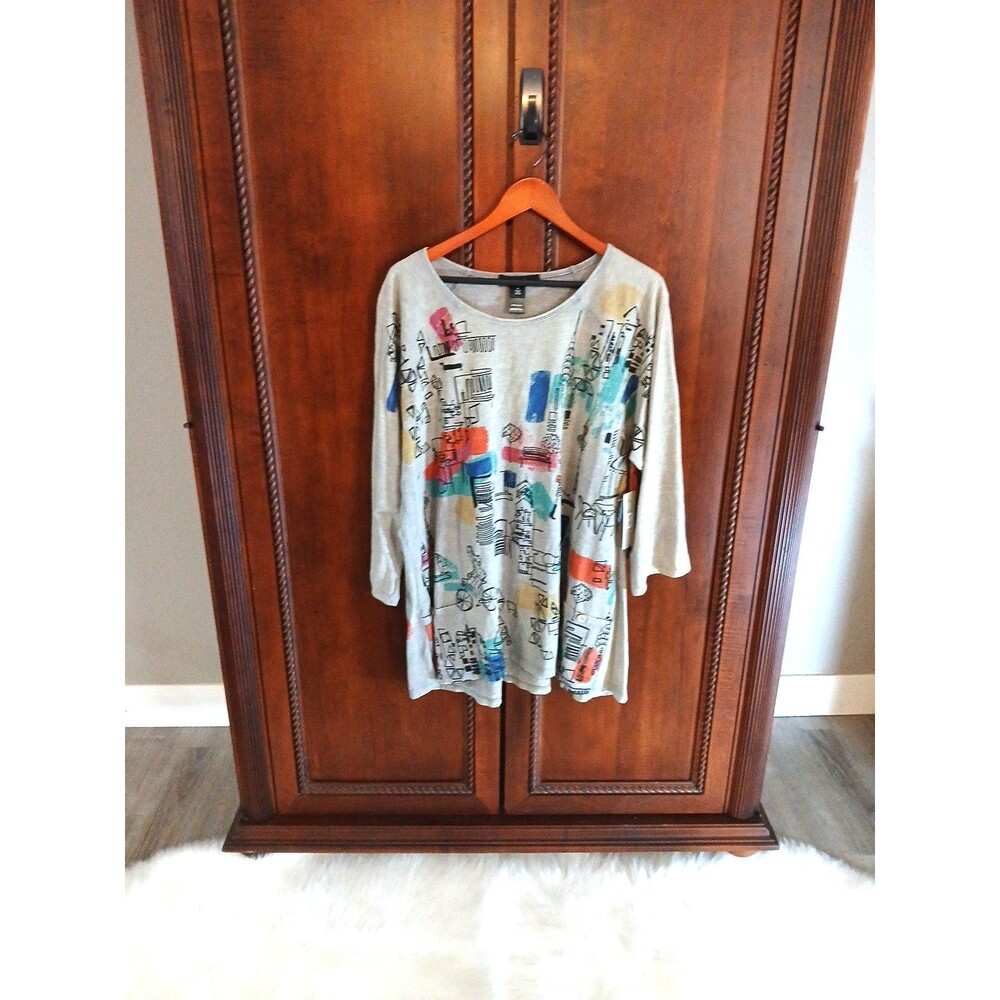NWT ALI MILES Women's Size 2X Artsy Cityscape Print Tunic Top Tan/Multicolor
